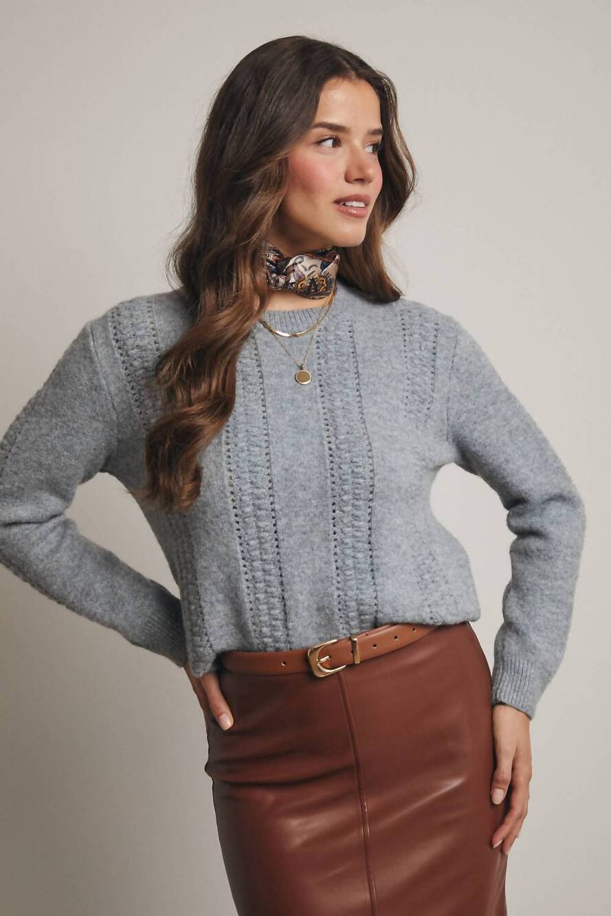NEW FORTE textured cable stitch pullover sweater in elephant grey